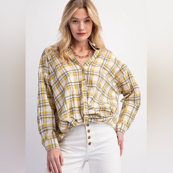 easel Tops - Easel Mustard White Checkered Button Down Shirt